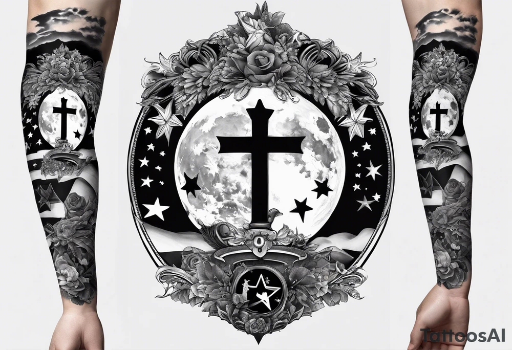 Collage for full left arm sleeve with:
2 stars,
quarter moon,
bass guitar,
caduceus symbol tattoo idea