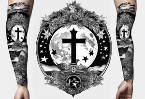 Collage for full left arm sleeve with:
2 stars, 
quarter moon, 
bass guitar, 
caduceus symbol tattoo idea