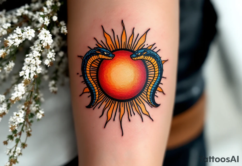 A sun disk of Ra in fiery red and amber, crowned by two protective cobras. tattoo idea