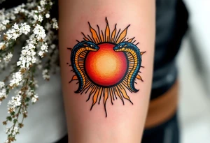 A sun disk of Ra in fiery red and amber, crowned by two protective cobras. tattoo idea