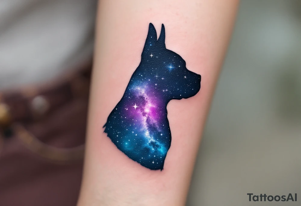 Galaxy Stafford – A silhouette of a Staffordshire Bull Terrier filled with a deep purple and midnight blue starry sky, symbolizing their cosmic bond with you. tattoo idea
