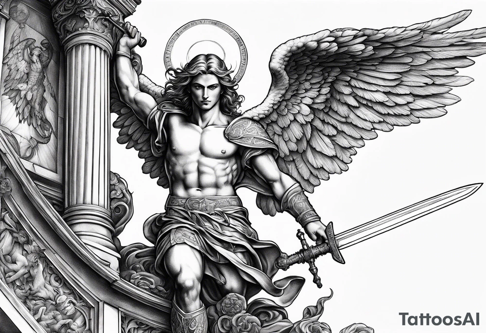 Arm sleeve of St Michael plunging a sword into the devil which is laying on the stairway to heaven. tattoo idea