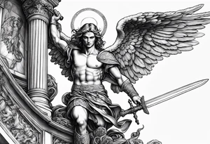 Arm sleeve of St Michael plunging a sword into the devil which is laying on the stairway to heaven. tattoo idea
