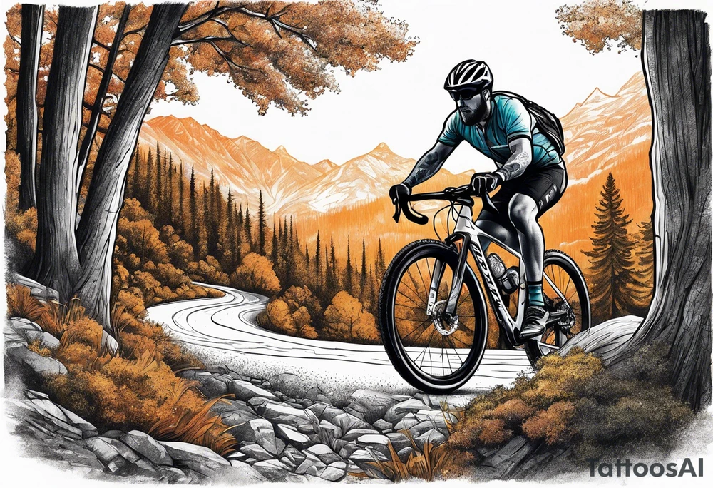 Gravel bike, going down mountain in-between trees tattoo idea