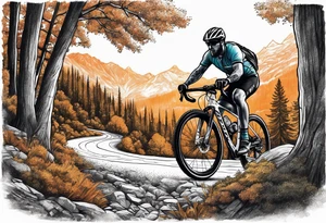 Gravel bike, going down mountain in-between trees tattoo idea