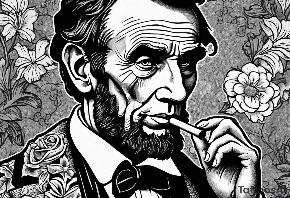 Abraham Lincoln smoking a cigar  in a flowered suit jacket doing karate tattoo idea