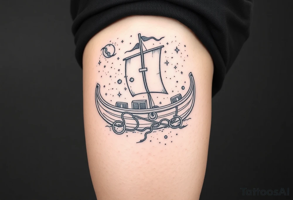 Nordic boat with cosmic sky and celestial details tattoo idea