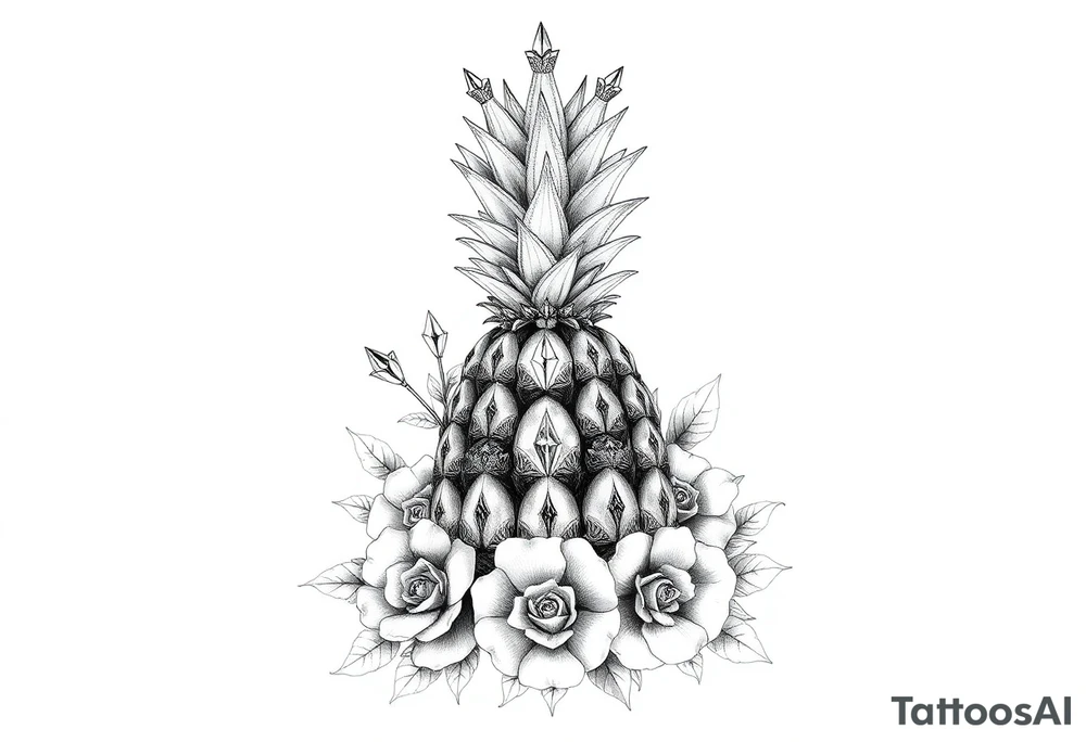 powerful pineapple with a crown,and diamonds and roses and peaches tattoo idea