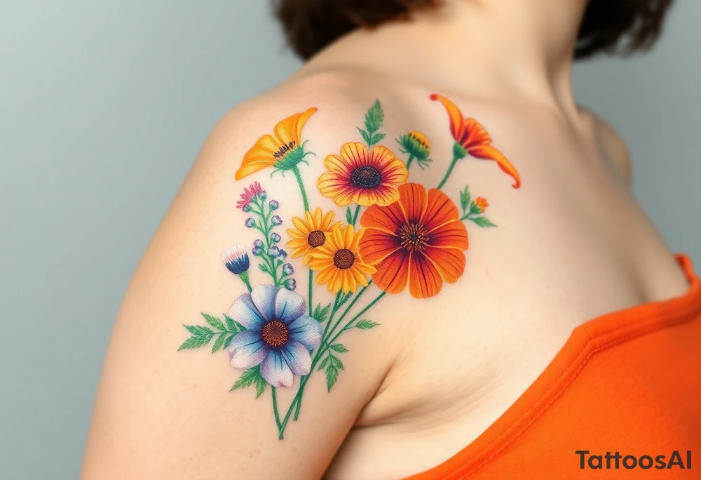 Create an image of an upper arm tattoo (from shoulder cap to just above the elbow) comprised of California poppies, California blackberries, gray’s lupine, marsh marigold, Indian paintbrush, one daisy, and an orange and orange blossom. More realistic and Use color. Bigger bundle and less stems tattoo idea