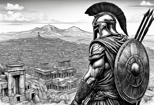 spartan solider looking at ancient city in background tattoo idea