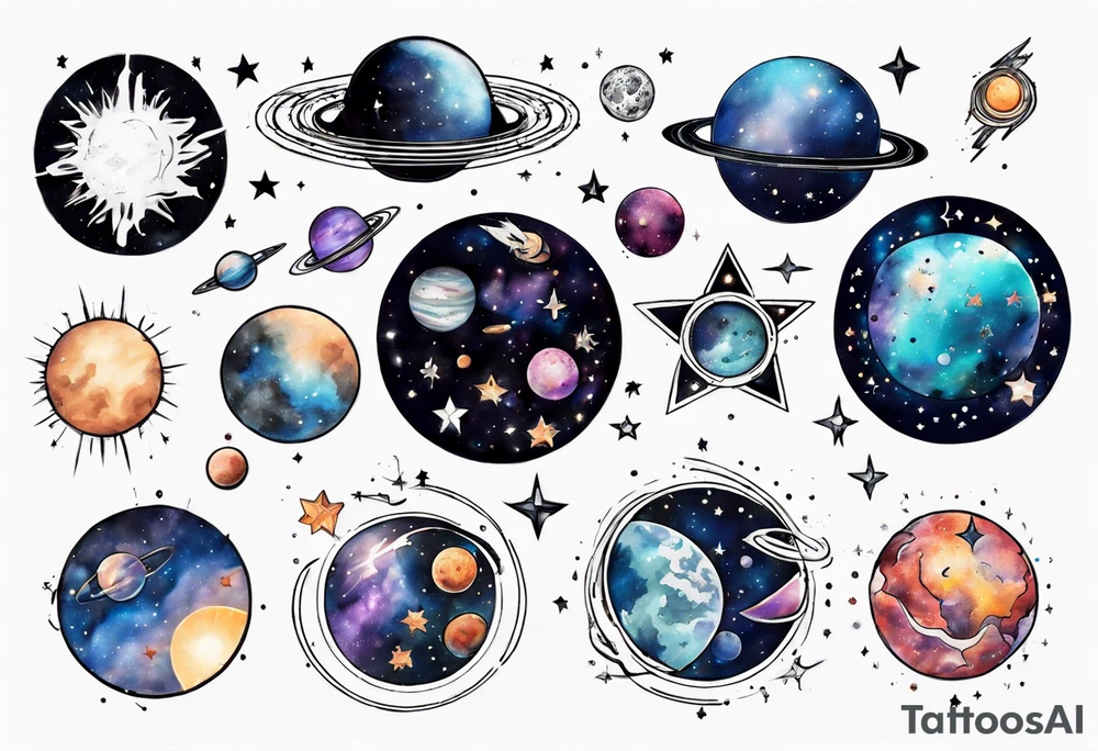 Create a cosmic-themed tattoo that spans my entire chest. Include elements like planets, stars, and galaxies to symbolize the vastness of the universe and create a celestial masterpiece tattoo idea