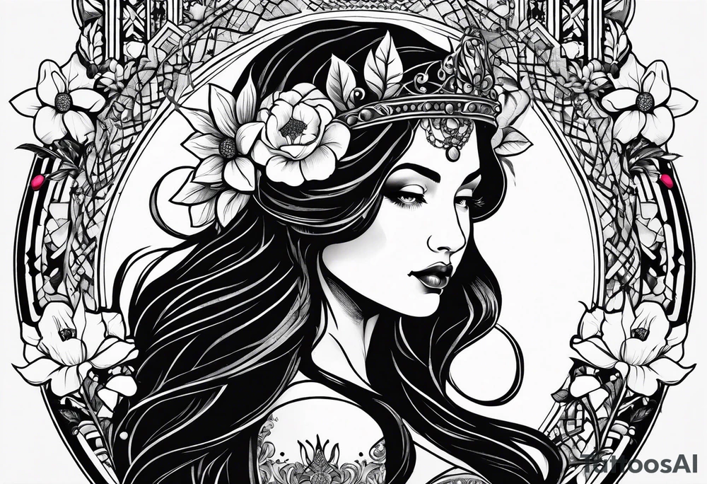 persephone goddess theme tattoo with a dark or gothic perspective. Include pomegranate, flowers and her being the queen of the underwood tattoo idea