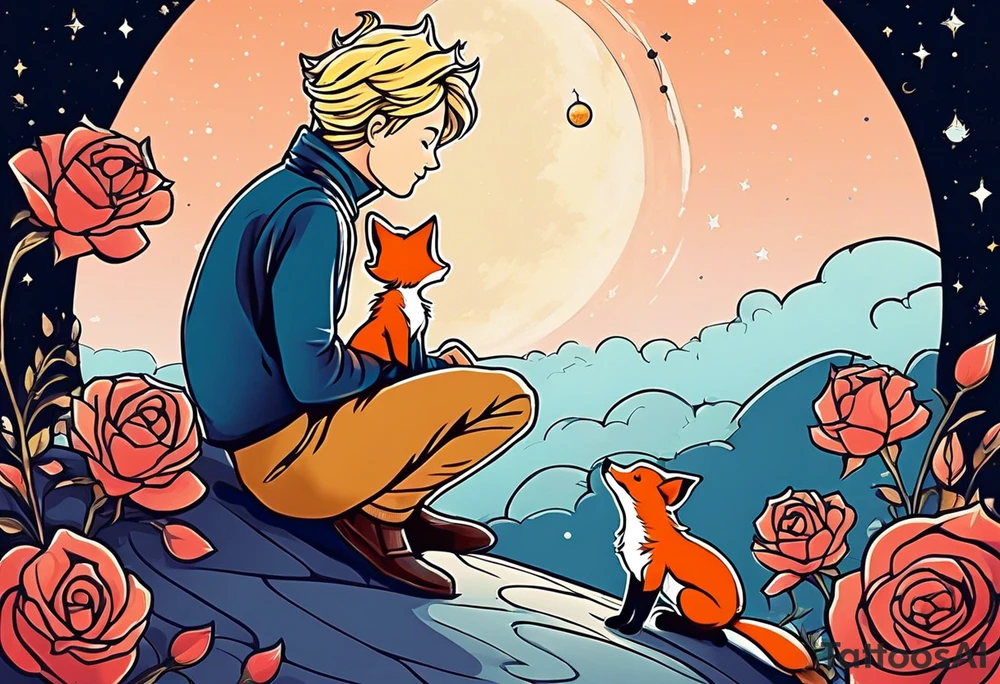 The Little prince sitting on his planet toghether with the fox on his planet besides his rose. Both are watching into the sky tattoo idea