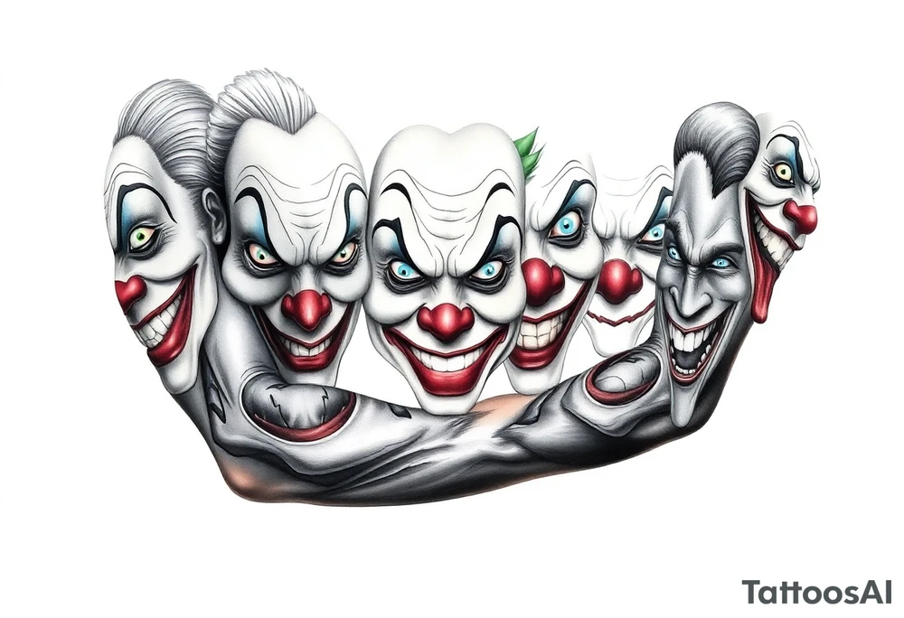 creative collage of each different emotion in different tyoe of clown faces tattoo idea
