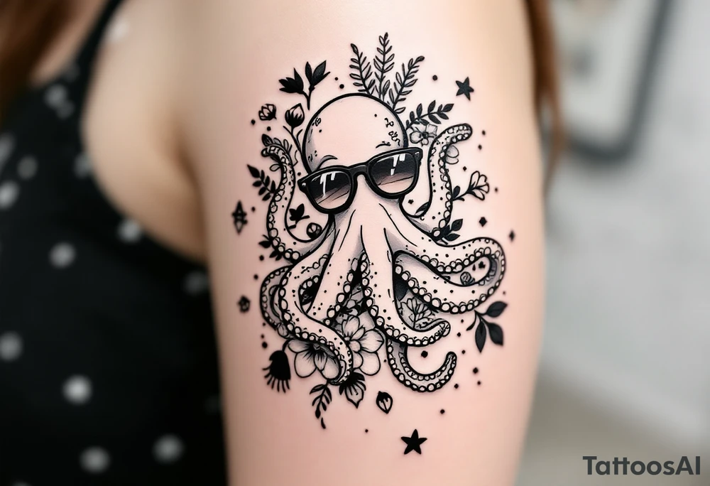 cute octopus, wearing sunglasses, friendly, surrounded by floral ornaments and oceanic items tattoo idea