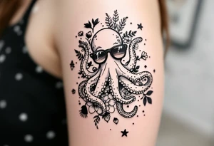cute octopus, wearing sunglasses, friendly, surrounded by floral ornaments and oceanic items tattoo idea