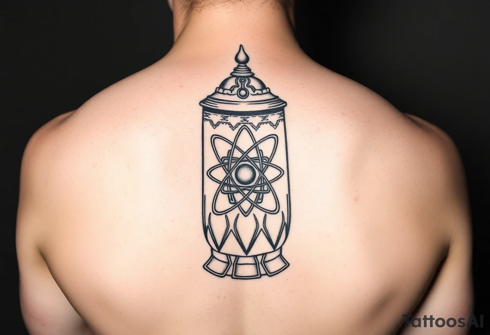 A fine line style German stein in a gothic style with an atom on it tattoo idea