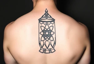 A fine line style German stein in a gothic style with an atom on it tattoo idea
