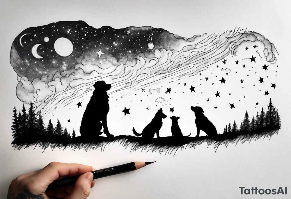 Me and my 3 dogs as silhouettes looking up at a night sky with galaxies comets and other space elements. Must fit on an upper arm. tattoo idea