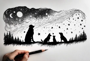 Me and my 3 dogs as silhouettes looking up at a night sky with galaxies comets and other space elements. Must fit on an upper arm. tattoo idea