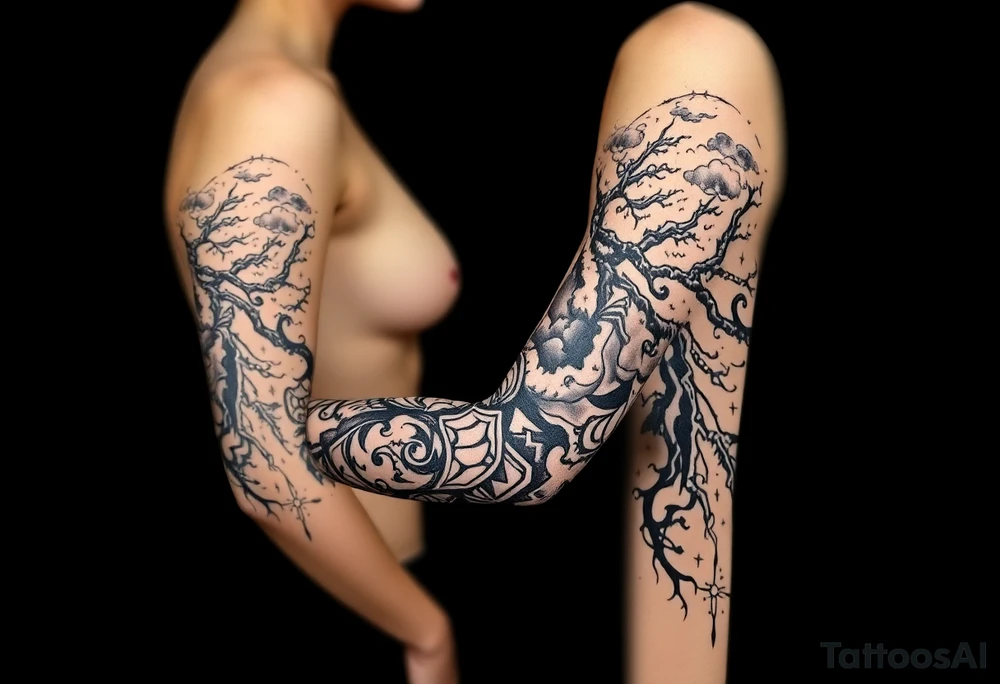 right arm sleeve, giant tree branch made of stone, clouds and lightning mixed throughout, tattoo idea