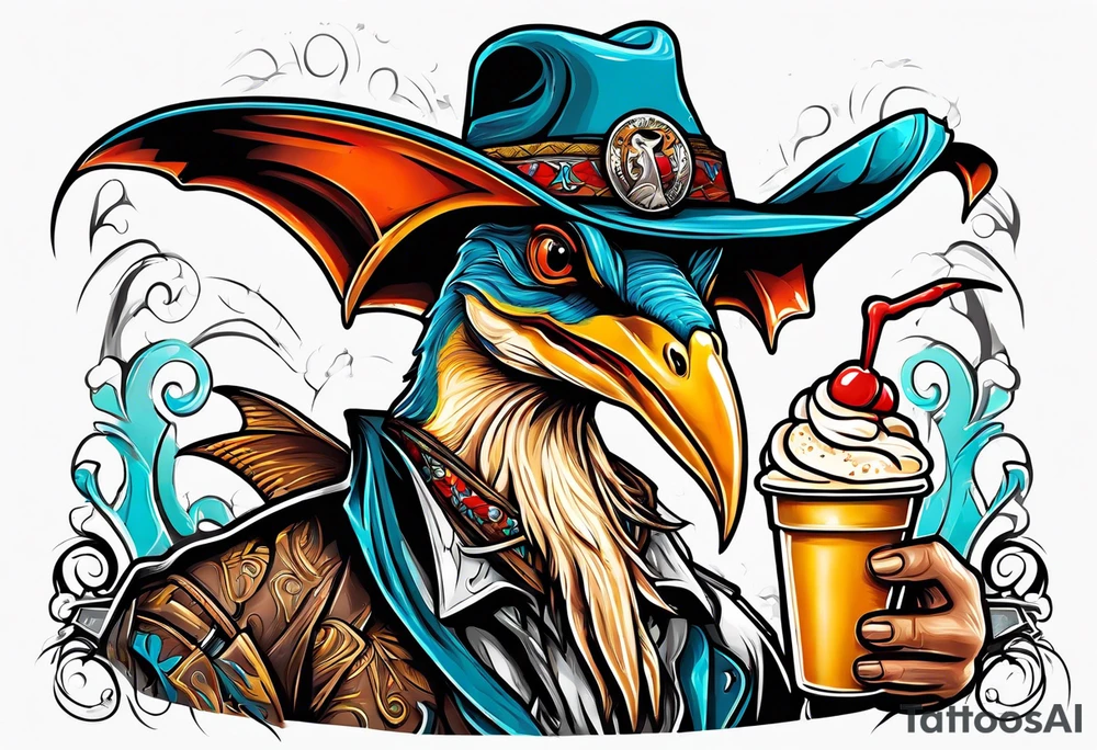 Pterodactyl wearing a cowboy hat eating ice cream sundae tattoo idea