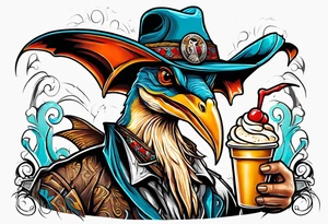 Pterodactyl wearing a cowboy hat eating ice cream sundae tattoo idea
