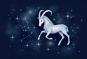 A shimmering silver Capricorn constellation with a soft navy watercolor background captures the zodiac’s grounded mystery. tattoo idea