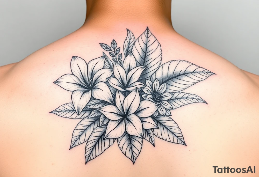 Beautiful, feminine, complex, detailed shading and cohesive mixture of the following: sampugita flowers, anahaw leaves (Livistona rotundifolia), ylang ylang, tropical foliage tattoo idea