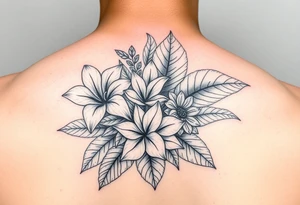 Beautiful, feminine, complex, detailed shading and cohesive mixture of the following: sampugita flowers, anahaw leaves (Livistona rotundifolia), ylang ylang, tropical foliage tattoo idea