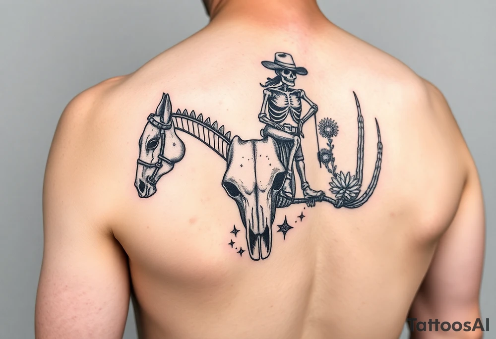 cowboy skeleton riding the horse skeleton on bicep, sized to fill most of the outer bicep. mountain/longhorn skull over the shoulder cap. Dill with (stars, dots, and desert plants) tattoo idea