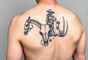cowboy skeleton riding the horse skeleton on bicep, sized to fill most of the outer bicep. mountain/longhorn skull over the shoulder cap. Dill with (stars, dots, and desert plants) tattoo idea