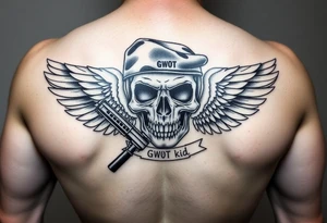 Create me military tattoo with skull, rifle, beret on skull and word that say GWOT kid with wings tattoo idea