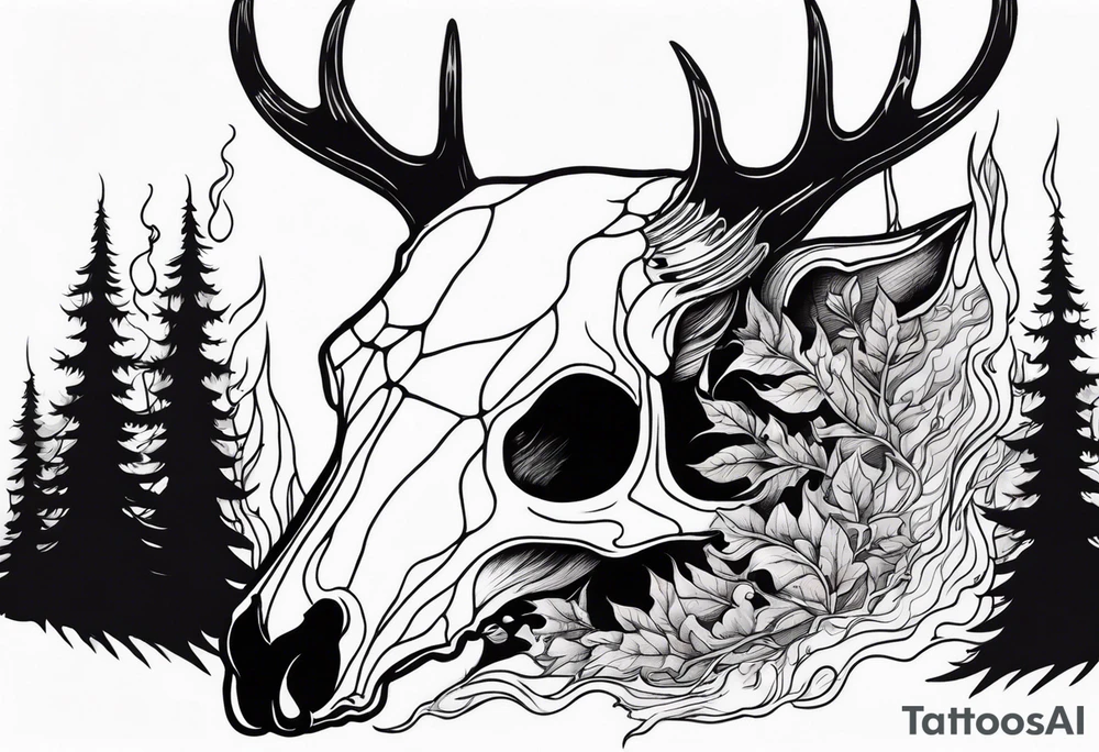 side profile of a DECAYING deer skull JUST BONE supernatural cannibal surrounded by a flames and trees tattoo idea