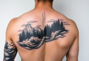 powerful ocean and forrest with rainy clouds with lighting sleeve for arm tattoo idea