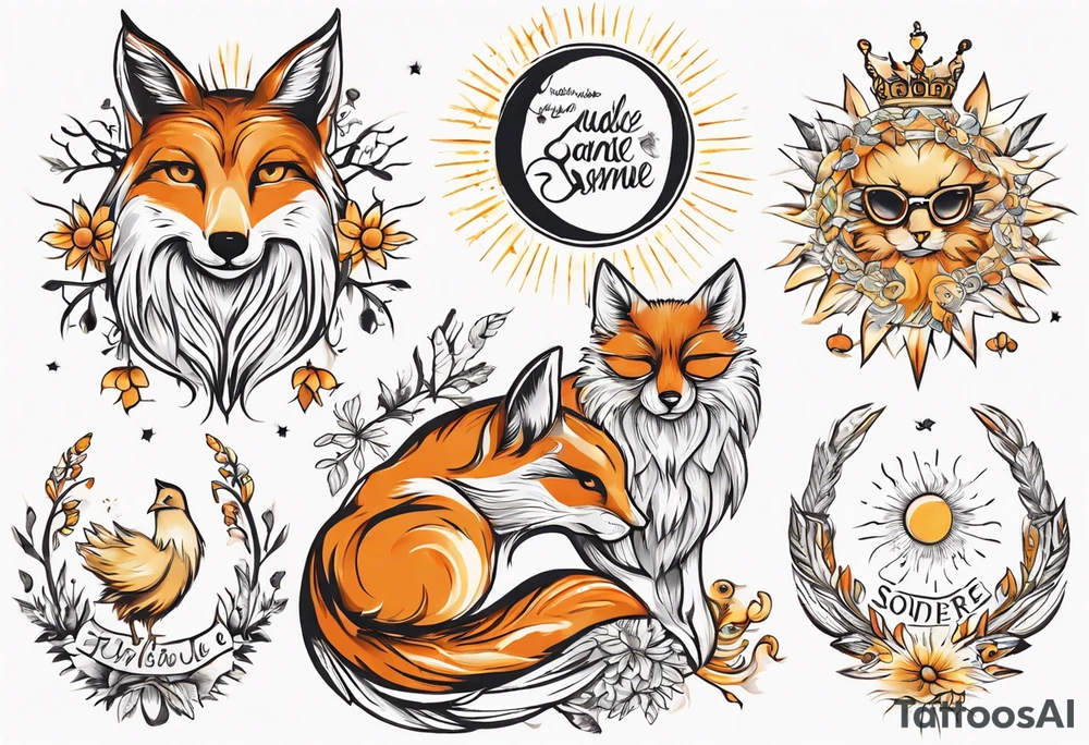 Fuchs und Eule unter der Sonne mit dem Schriftzug Sapere Aude tattoo idea