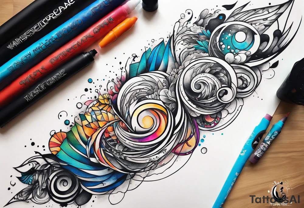 flowing abstract large forearm tattoo with lines, splatters, circles tattoo idea