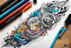 flowing abstract large forearm tattoo with lines, splatters, circles tattoo idea