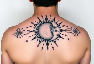celestial sun and moon embrace with constellation patterns tattoo idea