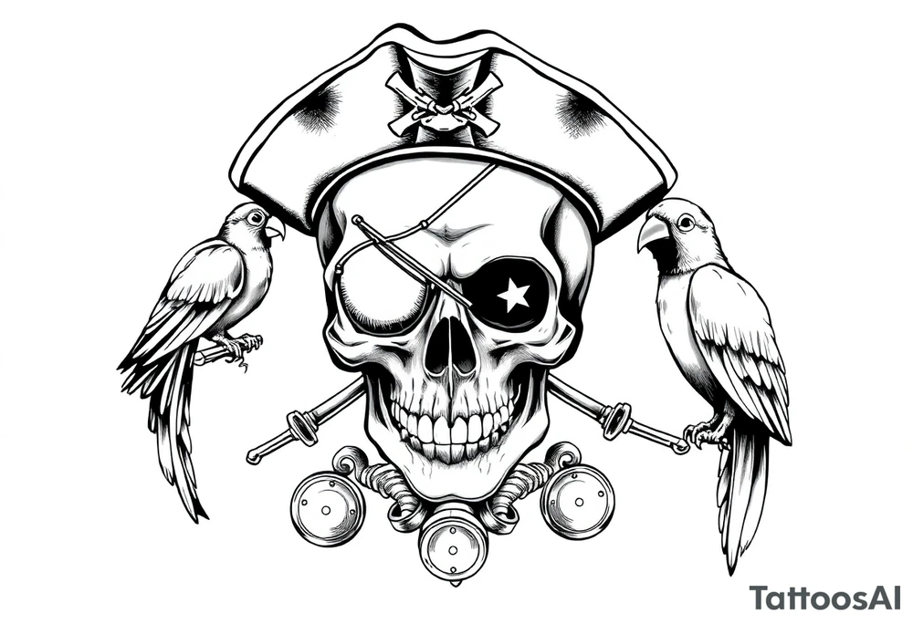 skull with eye-patch,pirate-hat,sabers,parrot,coins. tattoo idea