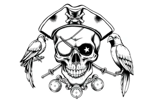 skull with eye-patch,pirate-hat,sabers,parrot,coins. tattoo idea