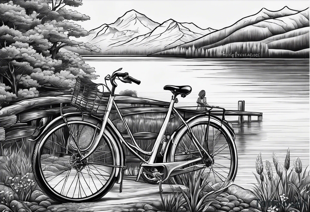 cycling against the backdrop of  a beautiful, serene lake tattoo idea