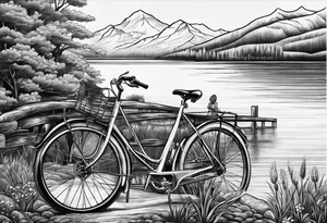 cycling against the backdrop of  a beautiful, serene lake tattoo idea