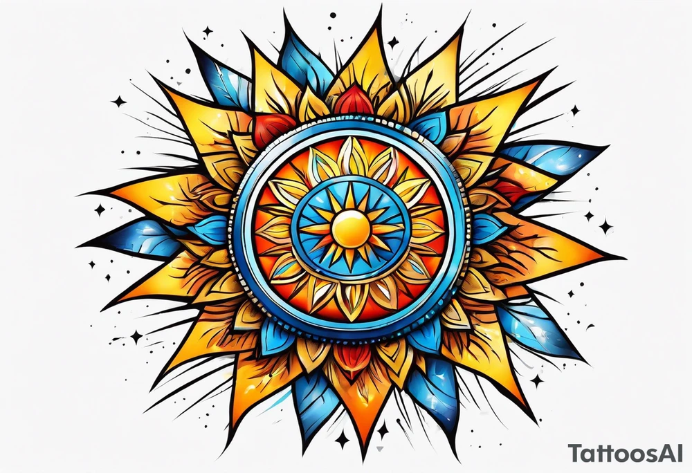 sunburst with yellow, orange, red, and blue colors tattoo idea