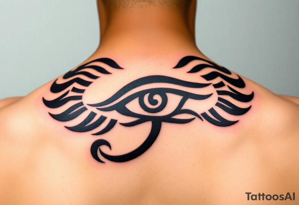 A tribal-style Eye of Horus, with bold black ink and subtle red highlights, inspired by ancient warrior markings tattoo idea