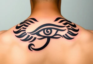 A tribal-style Eye of Horus, with bold black ink and subtle red highlights, inspired by ancient warrior markings tattoo idea