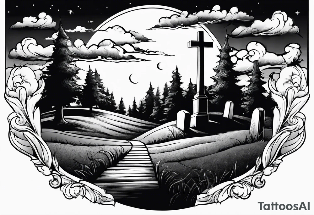Cemetery on hills with clouds and moon tattoo idea