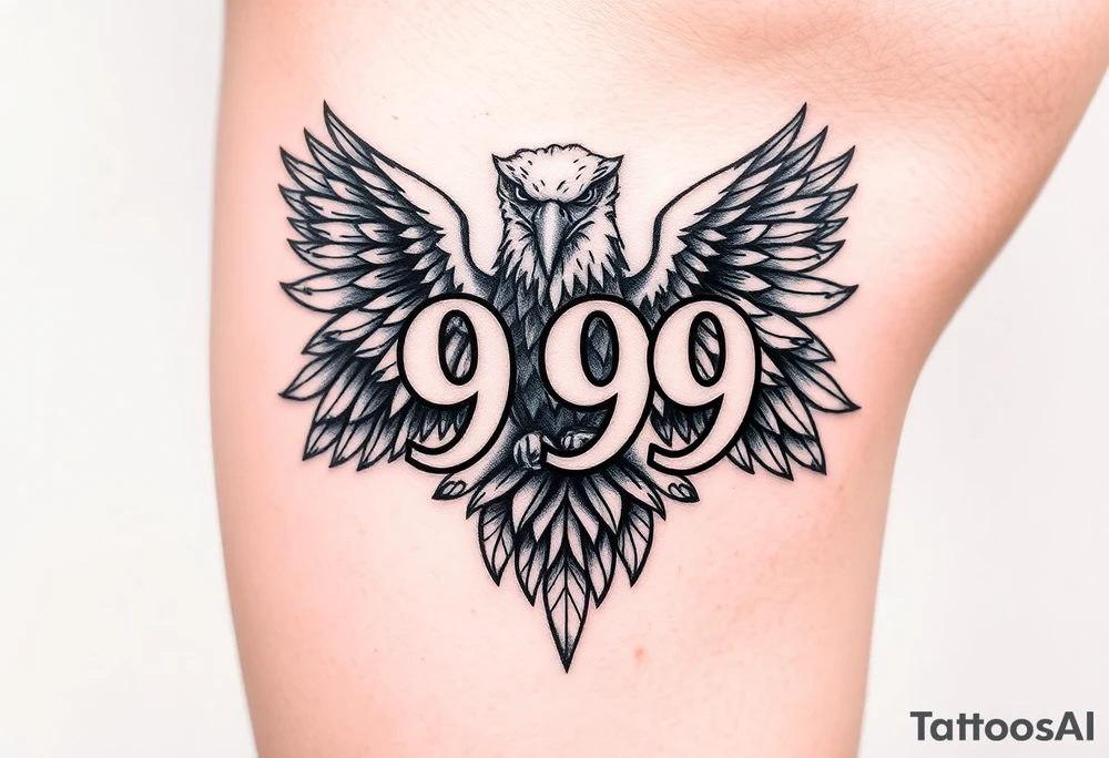 The number 999 in the middle with a majestic eagle around it on the lower thigh tattoo idea