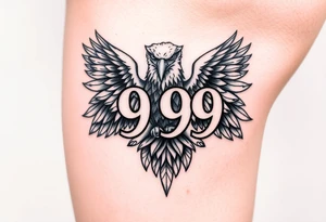 The number 999 in the middle with a majestic eagle around it on the lower thigh tattoo idea