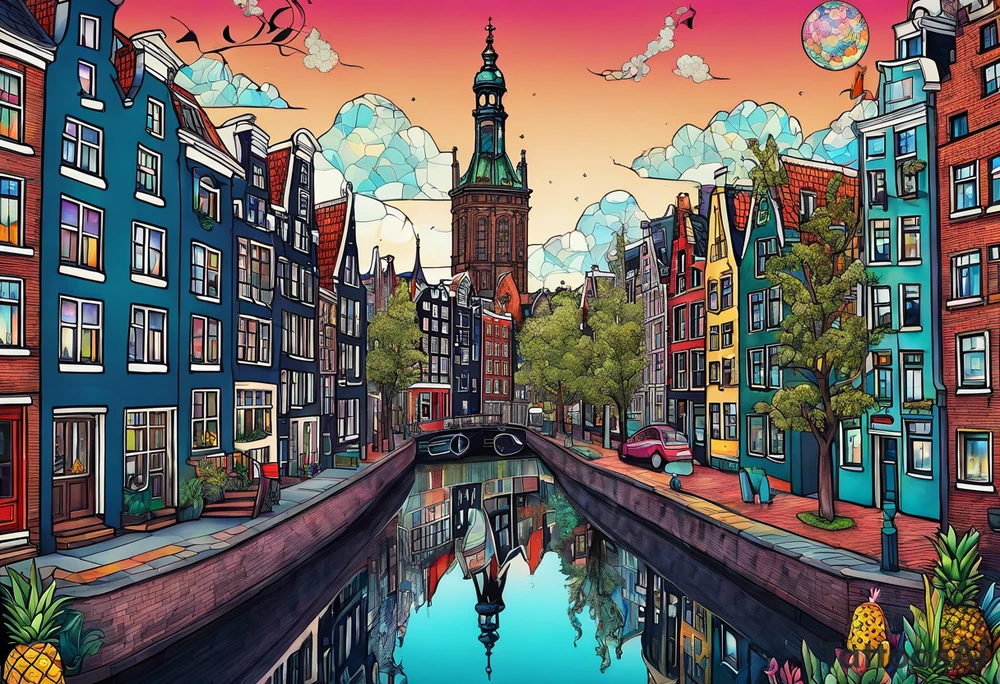 glass animals featuring animals and featuring colours of the universe and galaxies and pineapples in amsterdam city featuring Amsterdam buildings and canal made of glass tattoo idea